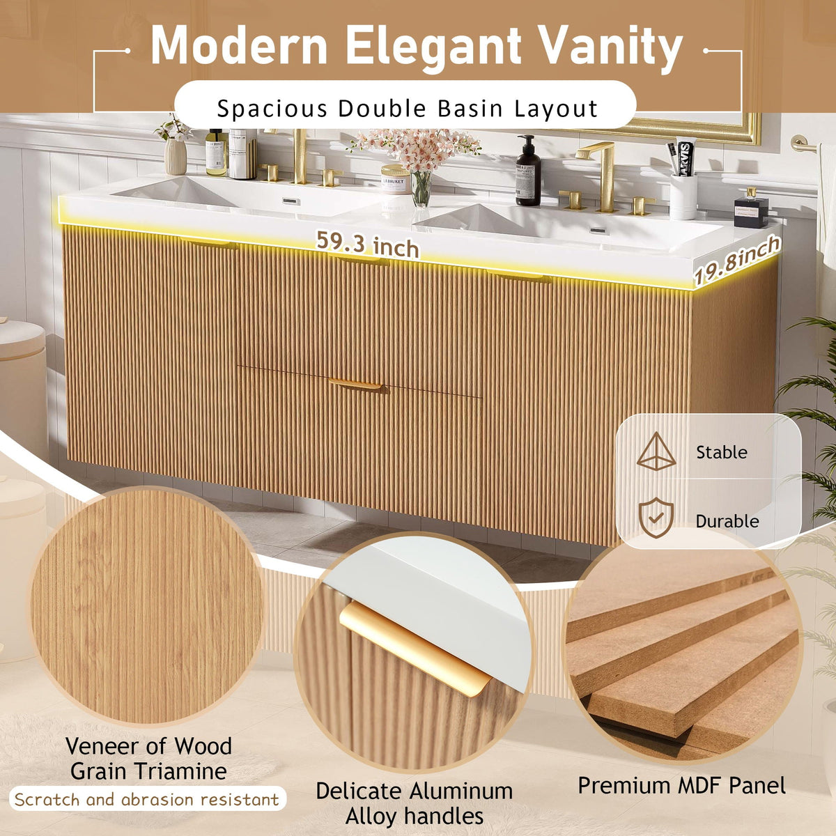 Modern Wall Mounted Bathroom Vanity, Soft Close Doors