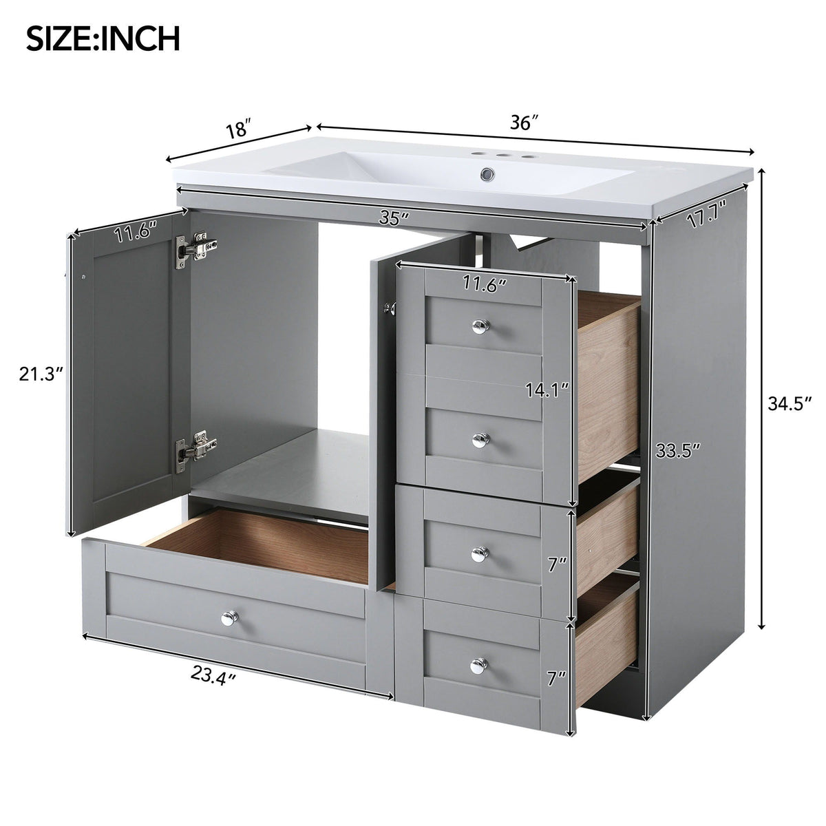 Shaker Free Standing Bathroom Vanity Cabinet & Sink, Soft Close Drawers, Soft Close Doors