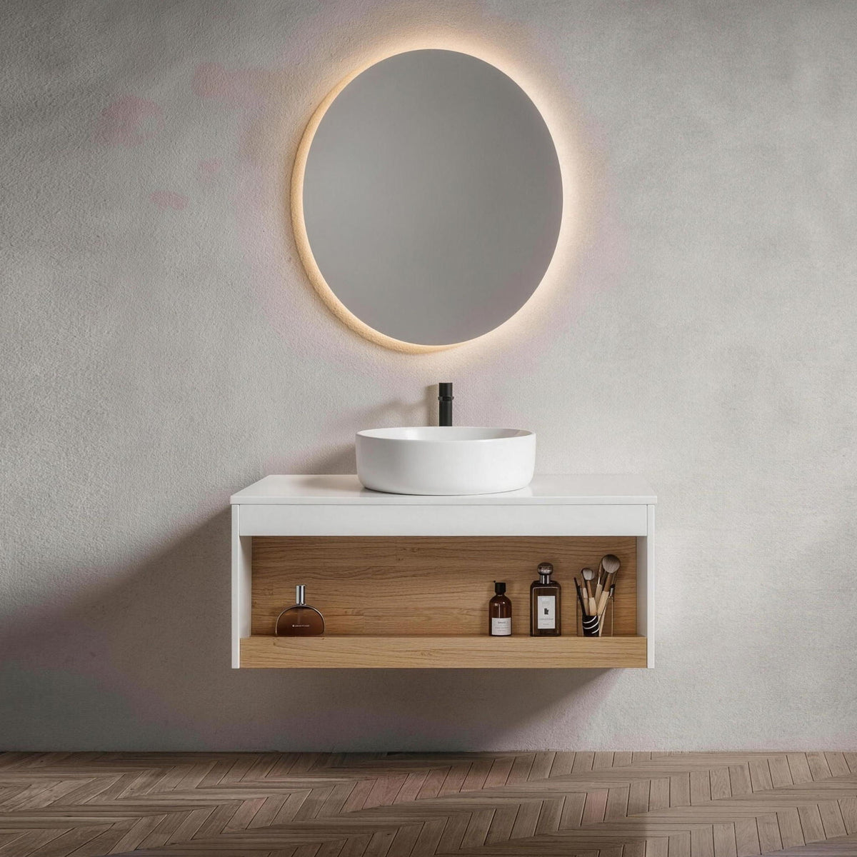 Floating Bathroom Vanity With Glossy Round Vessel Sink