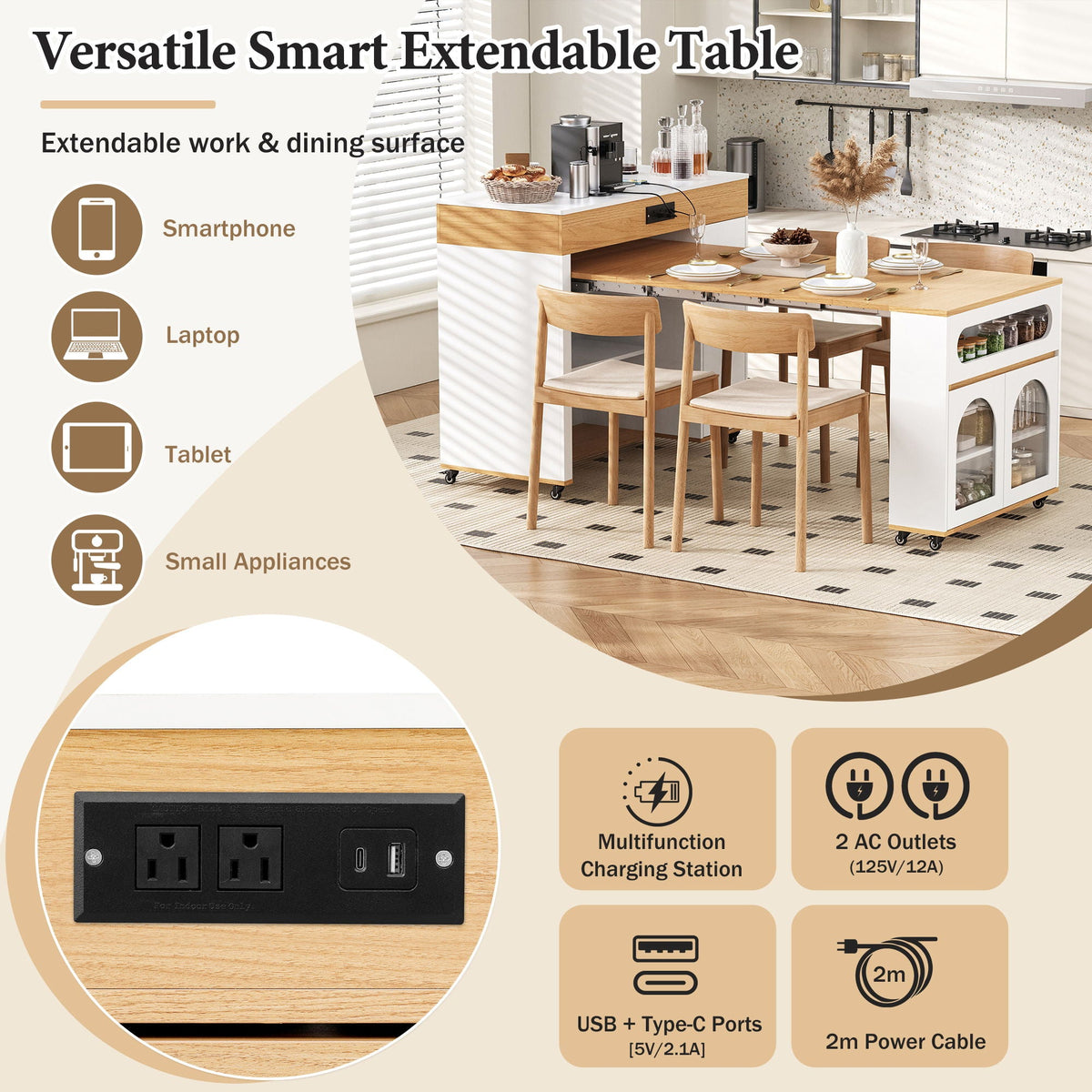 Extendable Dining Table With Folding Top, Rolling Kitchen Island With Drawers And Power Outlet