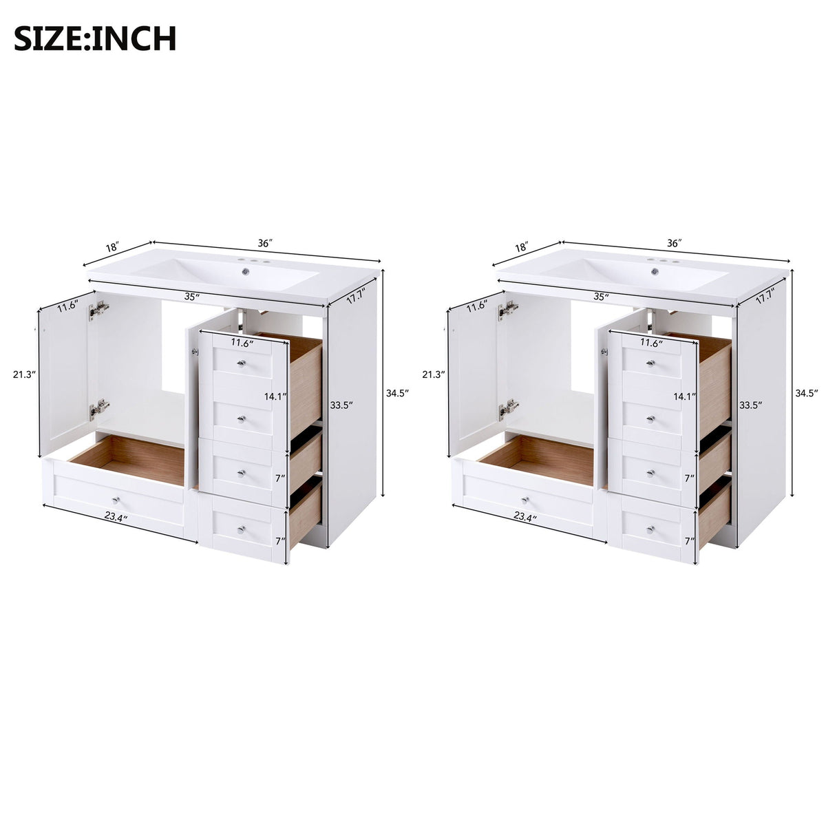 Shaker Free Standing Bathroom Vanity Cabinet & Sink, Soft Close Drawers, Soft Close Doors